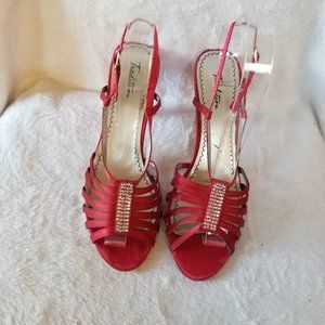 Tradition "Effie" Embellished Red Satin Slingback Sandals  Size 7.5 M